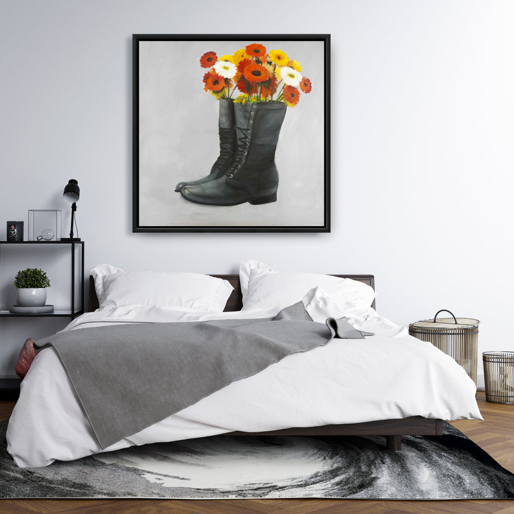 Toile de chambre à coucher « Gray Shoes » – Décoration murale « Bottes fleuries »