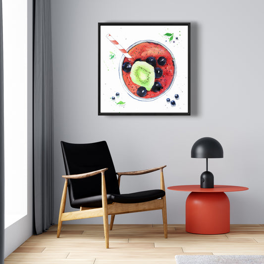 Toile « Smoothies aux baies » | Décoration murale de cuisine encadrée bleue