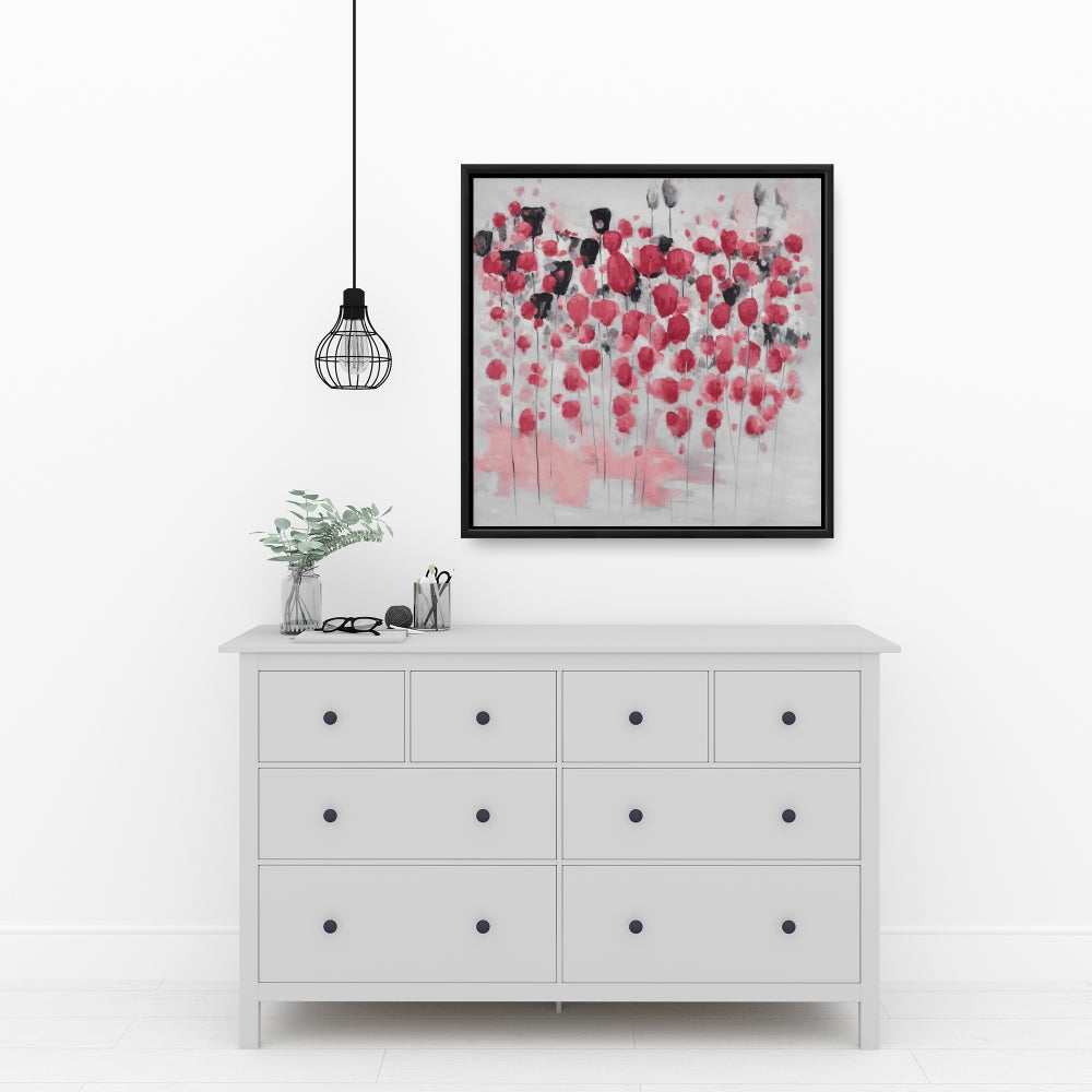 Toile encadrée abstraite de fleurs roses - Décoration d'intérieur grise