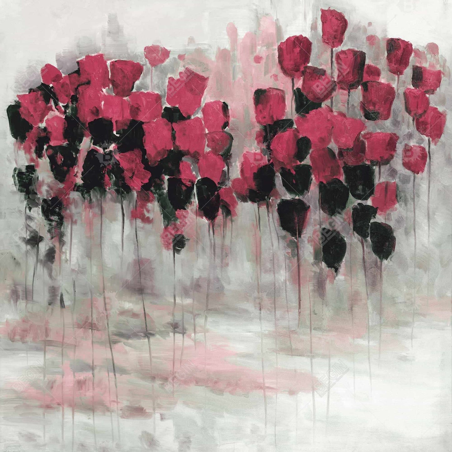 Pink Black Flowers Field Canvas | Contemporary Bedroom Decor