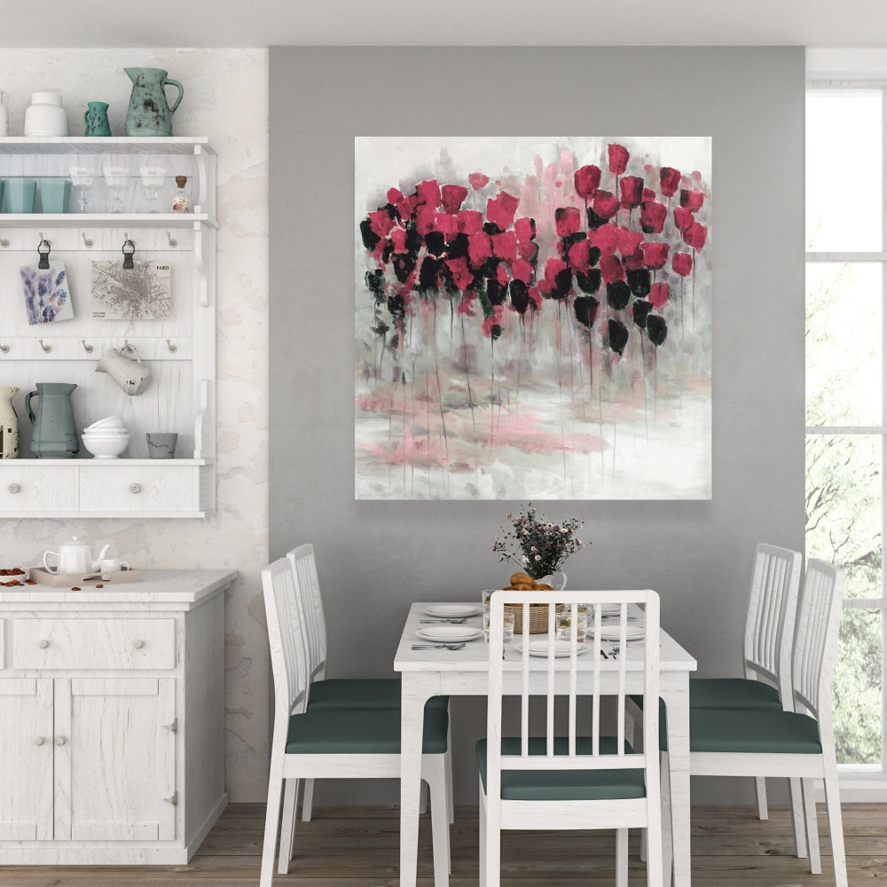 Pink Black Flowers Field Canvas | Contemporary Bedroom Decor