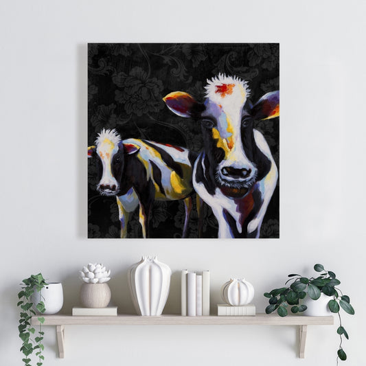 Toile victorienne représentant deux vaches amusantes - Décoration de chambre rustique avec animaux