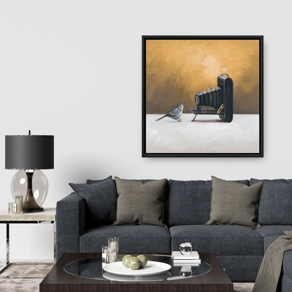 Rustic Blue Animals Framed Canvas | Old Camera with Bird Decor