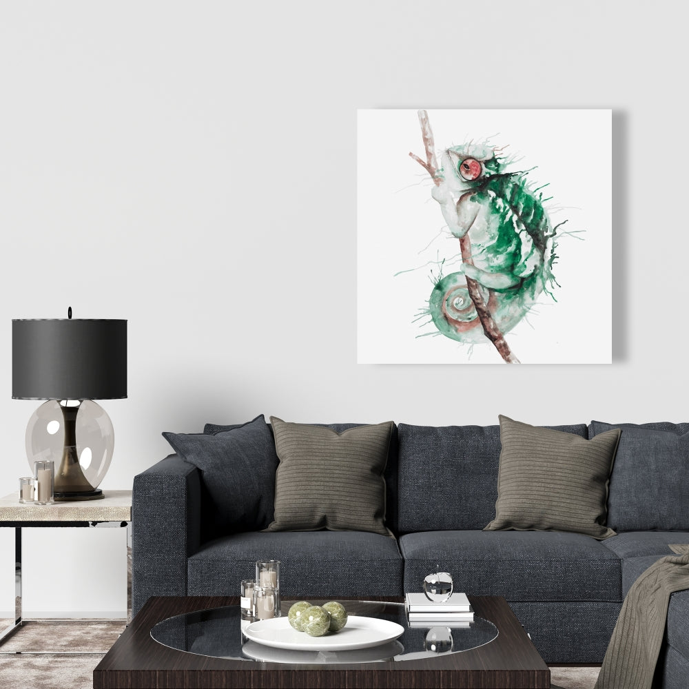 Watercolor Chameleon Canvas - Green Living Room Wall Art