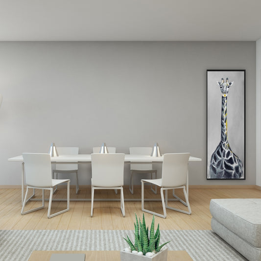 Toile girafe bleu acier – Décoration murale encadrée rétro