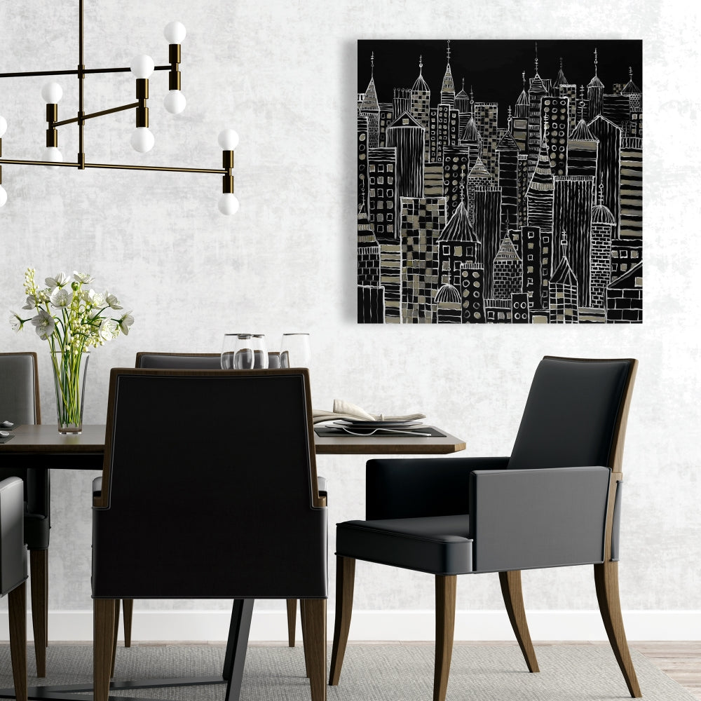 Illustrative City Towers Black Canvas - Living Room Decor