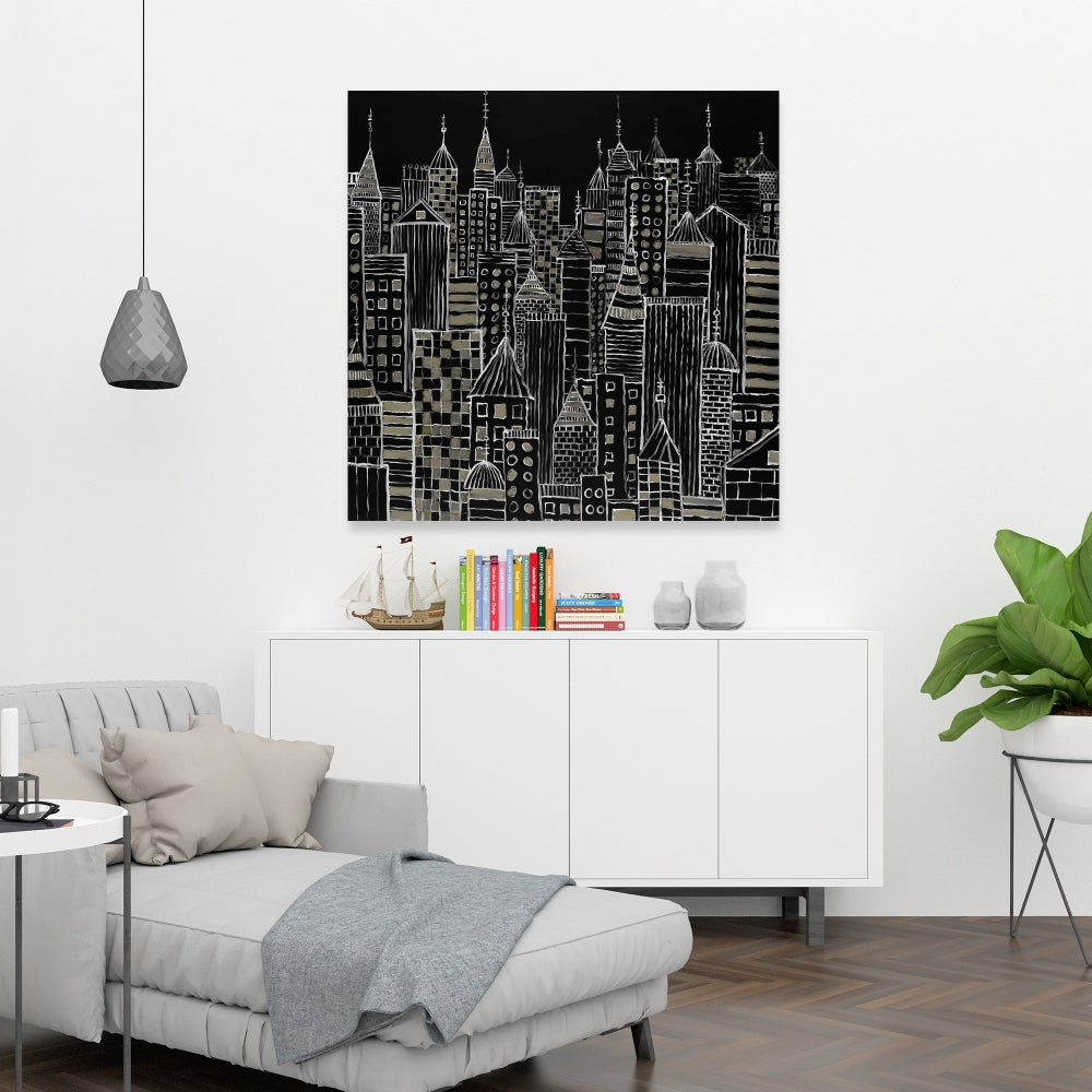 Illustrative City Towers Black Canvas - Living Room Decor