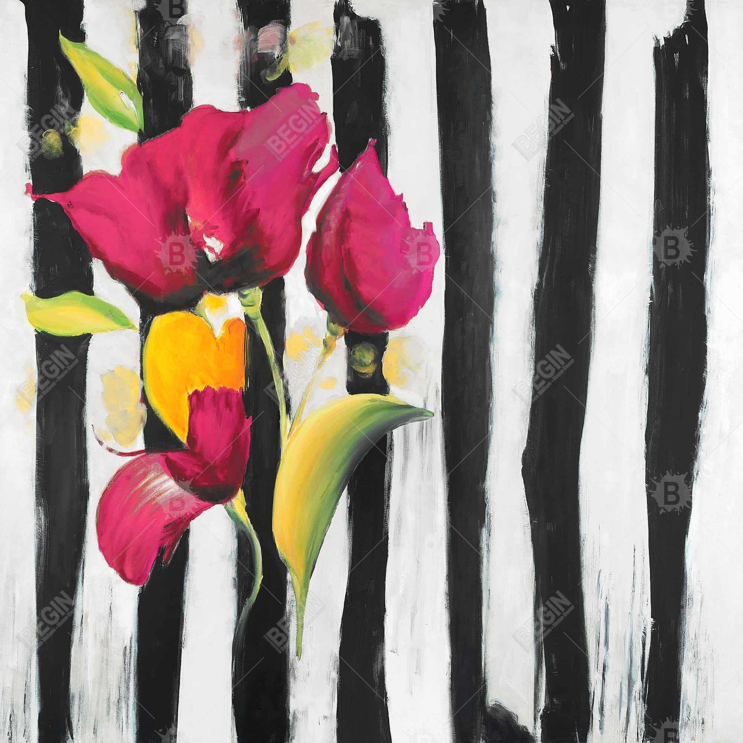 Pink Flowers on Black Stripes Canvas | Botanical Bedroom Decor