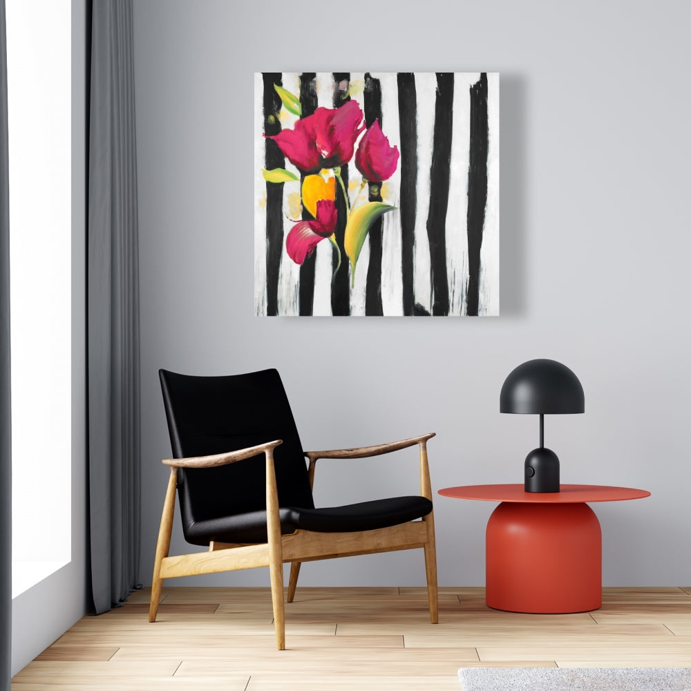 Pink Flowers on Black Stripes Canvas | Botanical Bedroom Decor