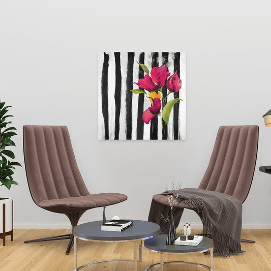 Toile florale botanique blanche - Fleurs sur rayures noires et blanches