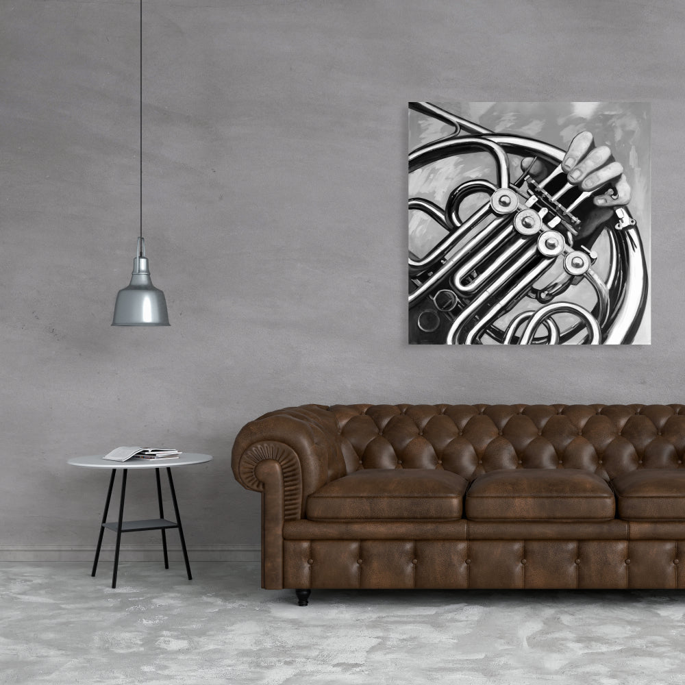 Musician with French Horn Monochrome Canvas - Home Decor