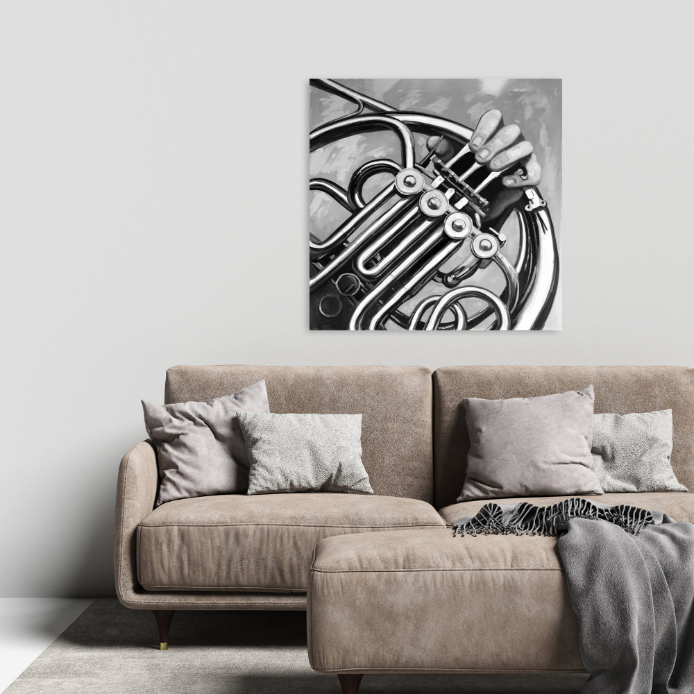 Musician with French Horn Monochrome Canvas - Home Decor