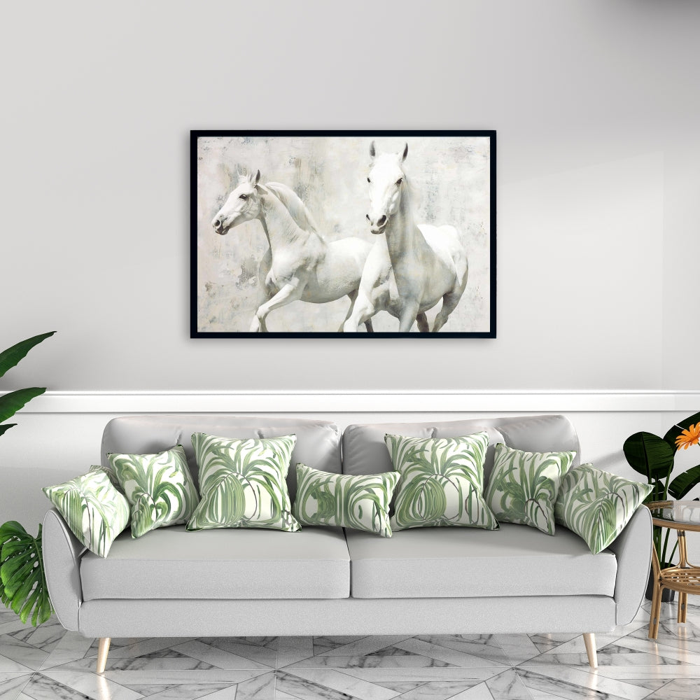 Two White Horses Running | Farm Animals Framed Canvas Decor