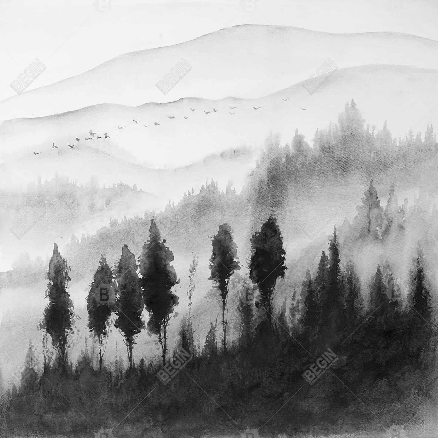 Paysage monochrome aquarelle sur toile | Décoration de salon