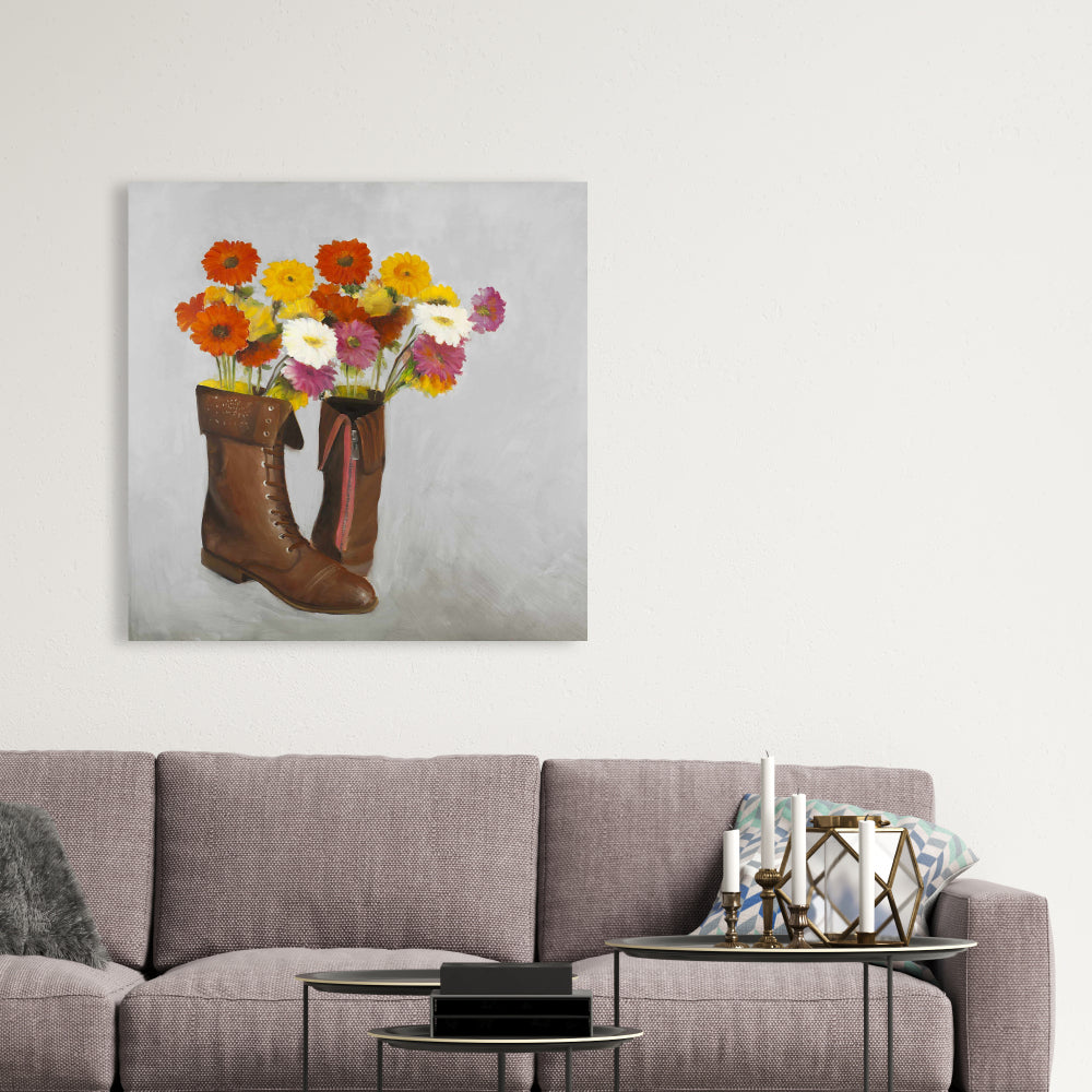 Brown Floral Bedroom Canvas - Boots with Daisies Home Decor