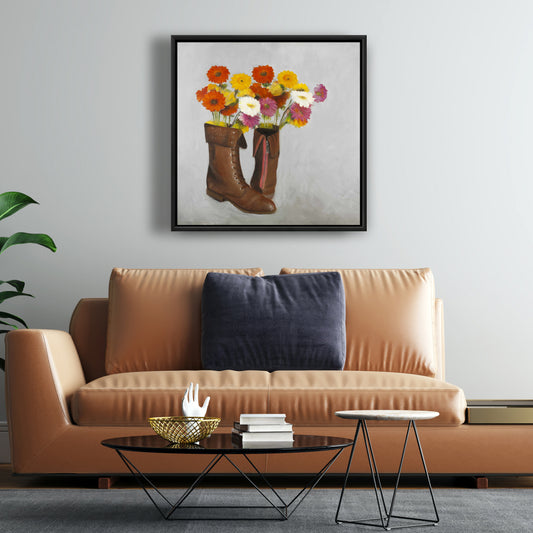 Rustic Brown Shoes Canvas - Boots with Daisies Home Decor