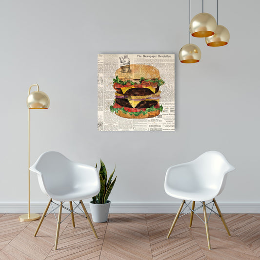 Toile vintage « Double Cheeseburger » | Décoration de cuisine marron