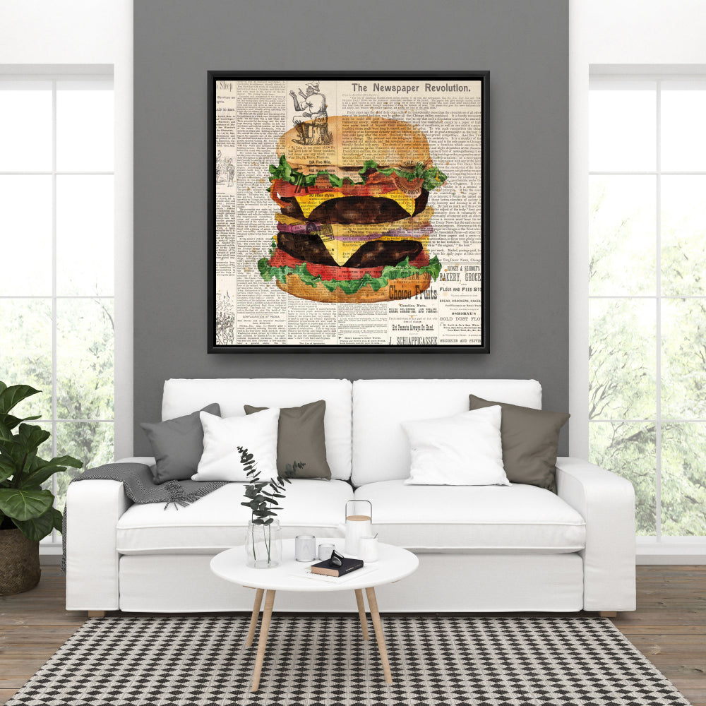 Toile vintage « Double Cheeseburger » | Décoration d'intérieur encadrée