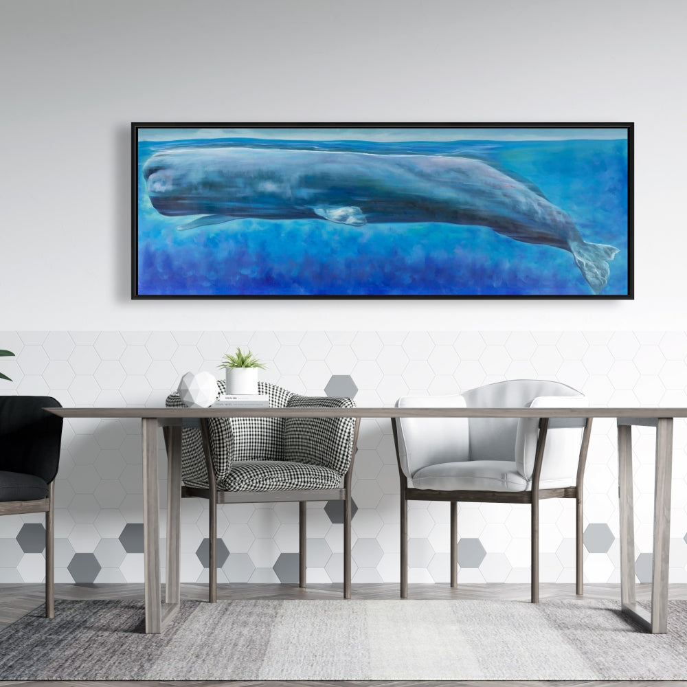 Sperm Whale Framed Canvas | Blue Aquatic Animals Decor