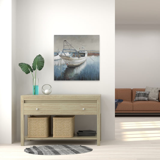 Toile de chambre côtière avec bateau | Décor désaturé de bateau de pêche