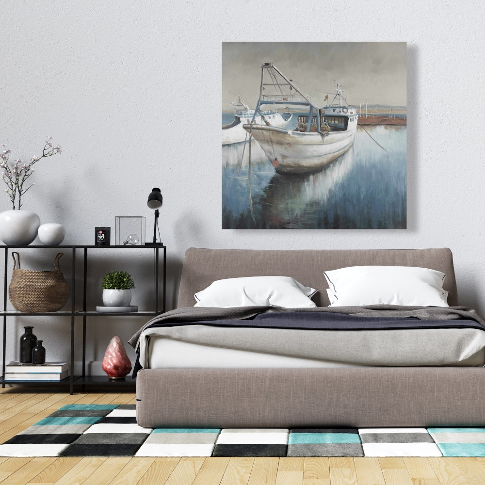 Coastal Bedroom Boat Canvas | Fishing Boat Desaturated Decor