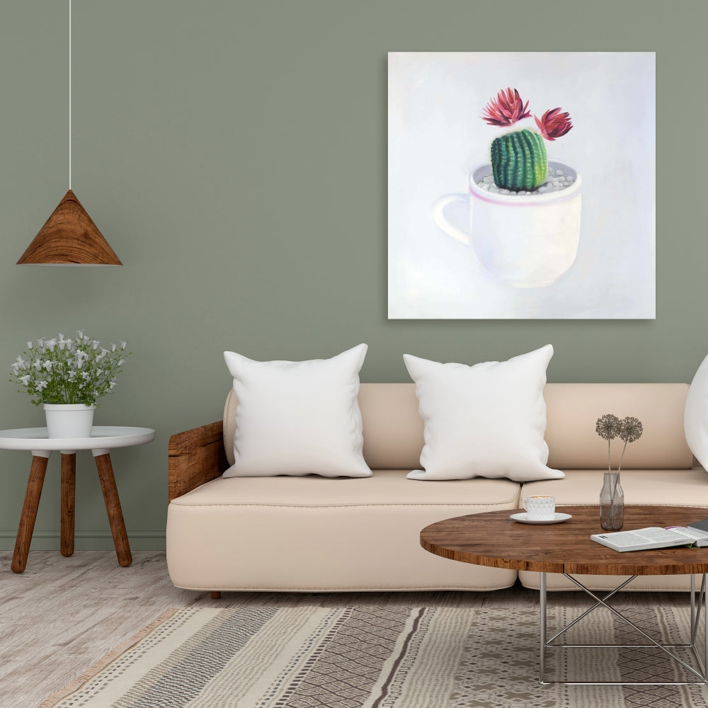 Exotic White Floral Canvas - Mini Cactus in a Cup Decor