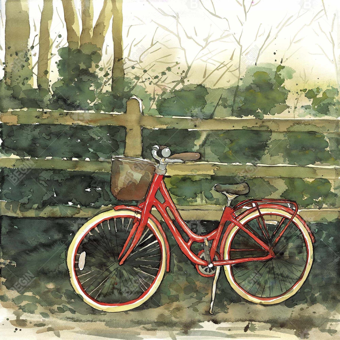 Red Canvas Transportation Bike Art | Riding in the Woods Decor