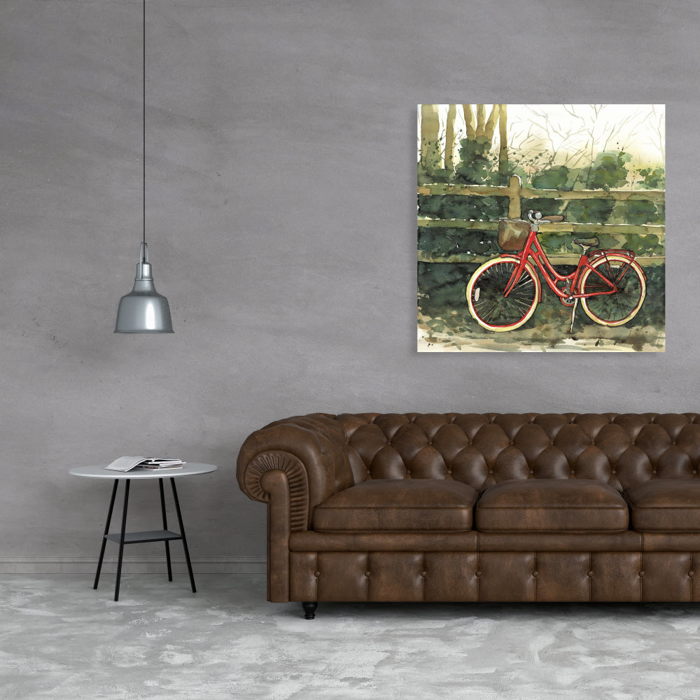 Red Canvas Transportation Bike Art | Riding in the Woods Decor