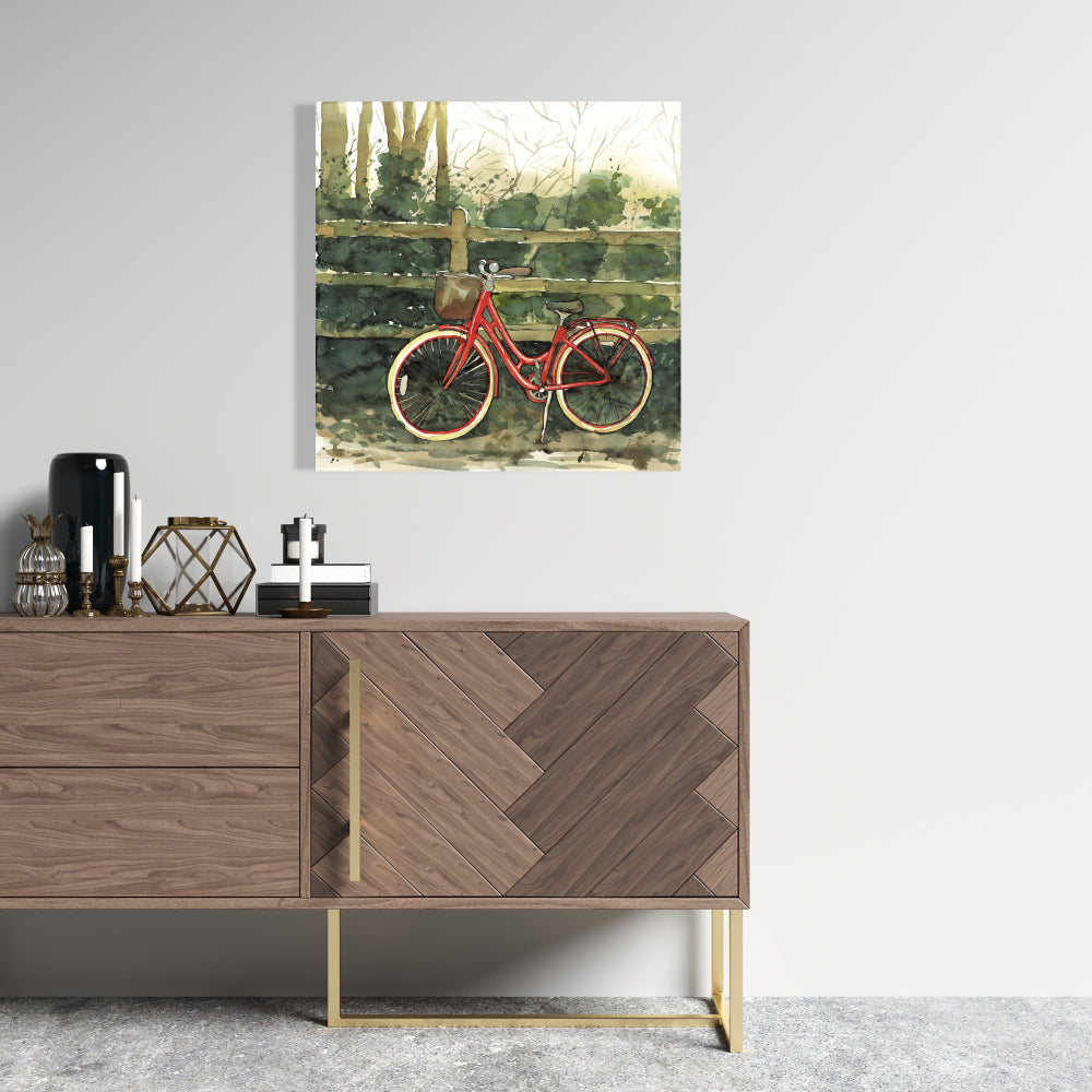 Red Canvas Transportation Bike Art | Riding in the Woods Decor
