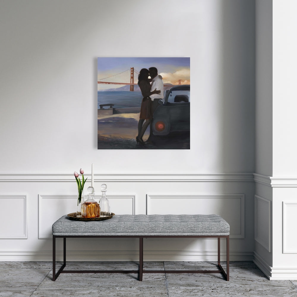Blue Bedroom Bridge Canvas | Loving Couple San Francisco Art