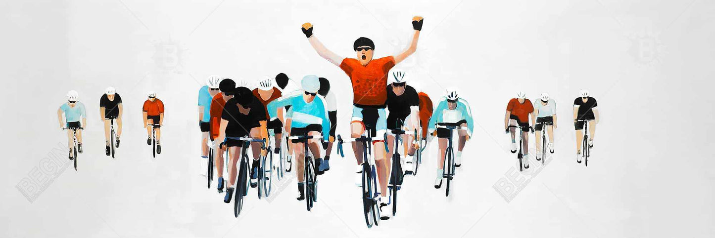 Cyclists at Race End Canvas | Blue Sports Art for Home Decor