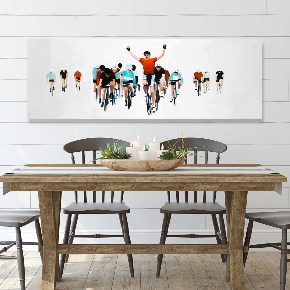 Cyclists at Race End Canvas | Blue Sports Art for Home Decor