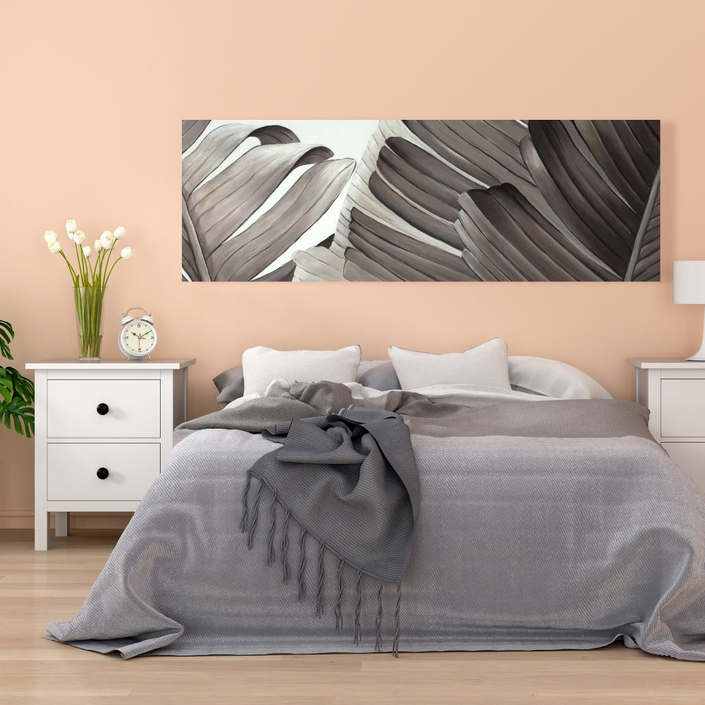 Grayscale Tropical Leaves Canvas - Botanical Bedroom Decor