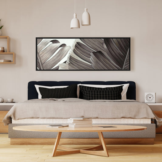 Toile à motifs de feuilles tropicales en niveaux de gris – Décoration florale exotique pour la maison