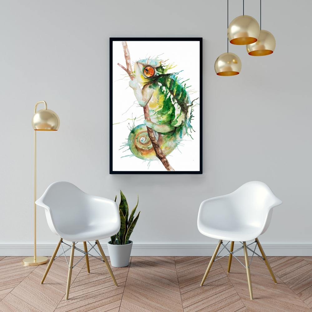 Toile aquarelle caméléon | Décoration de chambre reptile | Encadrée
