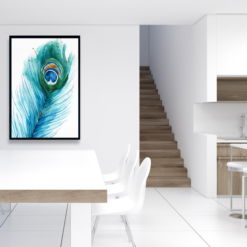 Longue plume de paon | Toile encadrée bleu oiseau, décoration d'intérieur