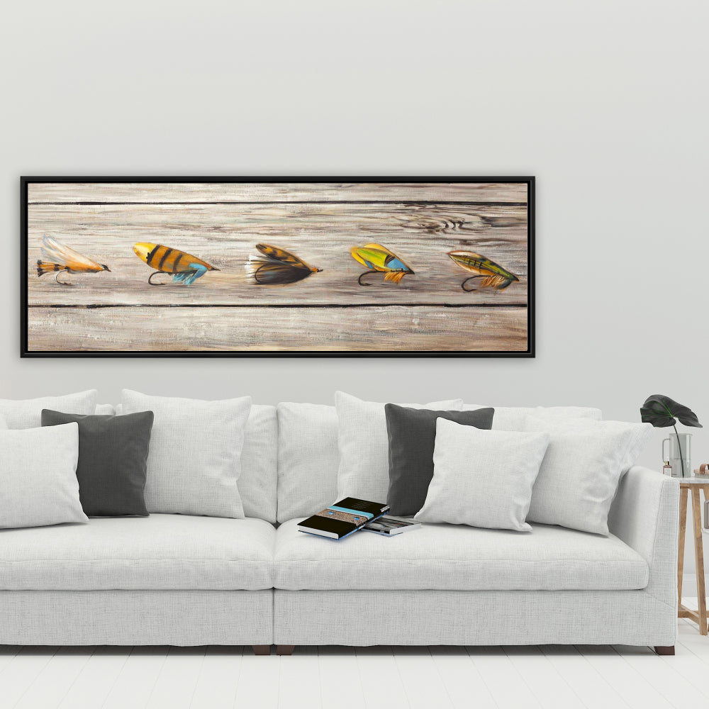 Mouches de pêche sur toile bleue | Décoration contemporaine d'insectes