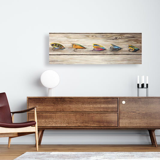 Blue Coastal Canvas - Fishing Flies Art for Living Room Decor