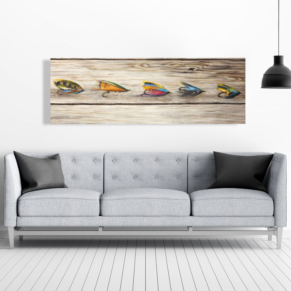 Blue Coastal Canvas - Fishing Flies Art for Living Room Decor