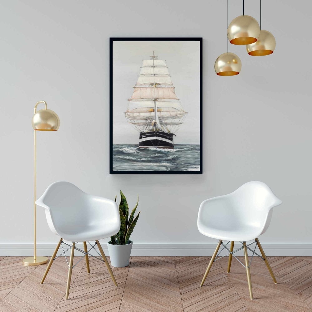 Toile « Navire naviguant doucement » | Cadre blanc | Décoration de chambre bateau
