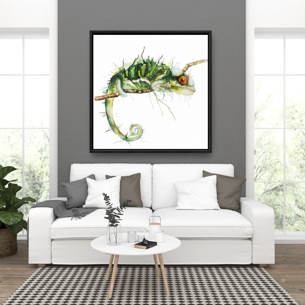 Caméléon à l'affût | Toile encadrée verte pour salon