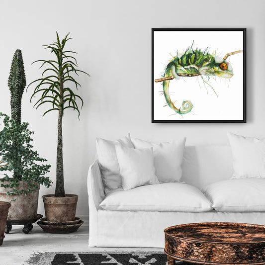 Caméléon à l'affût | Toile encadrée verte pour salon