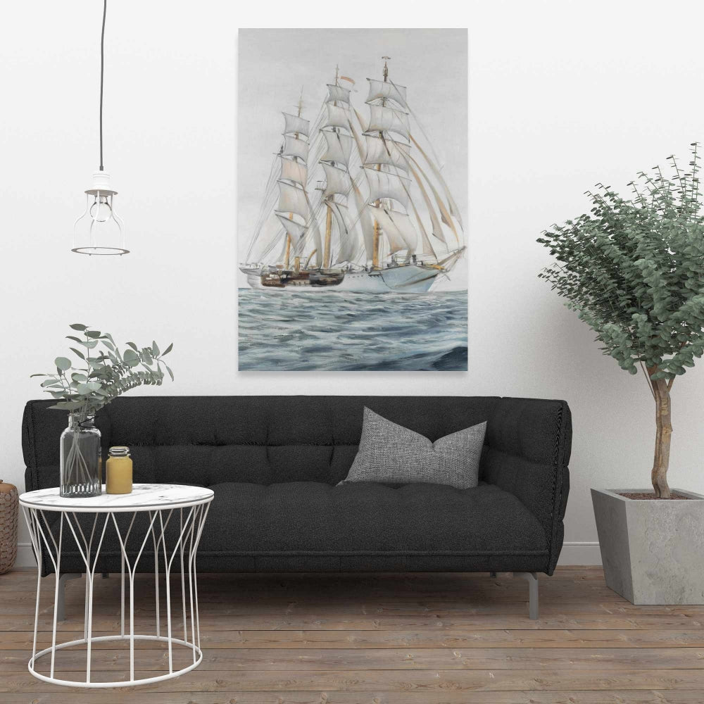 Ship by a Cloudy Day - Marine Coastal White Canvas Decor