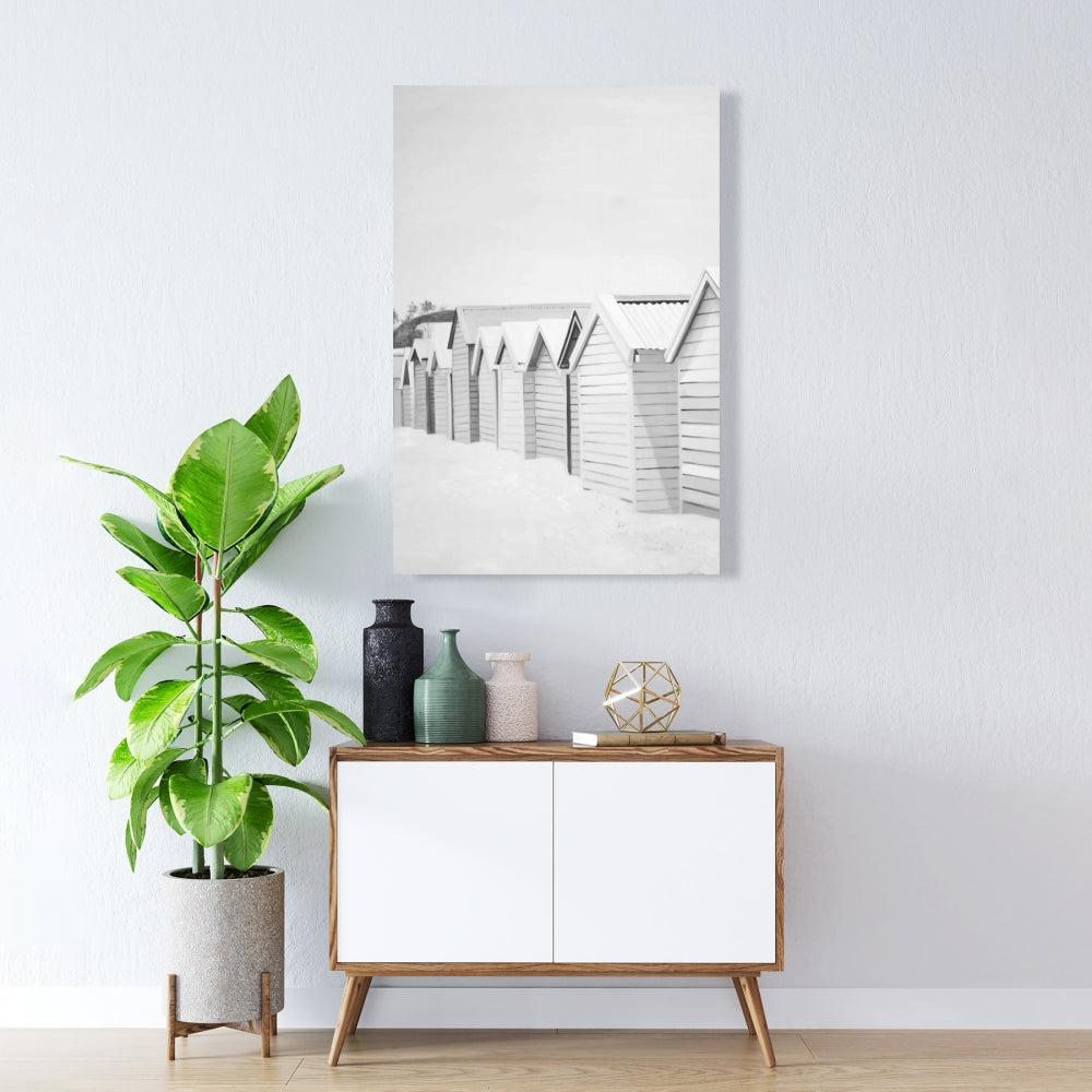 Toile « Cabines de plage » | Décoration monochrome mer blanche