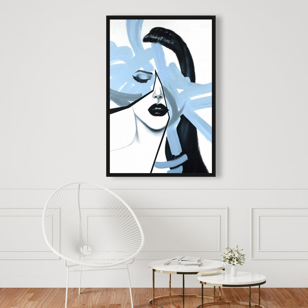 Portrait abstrait de femme bleue | Toile encadrée contemporaine