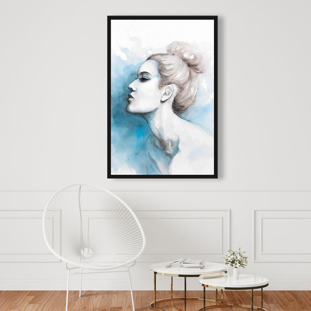Watercolor Abstract Girl Canvas - Blue Frame Bedroom Decor