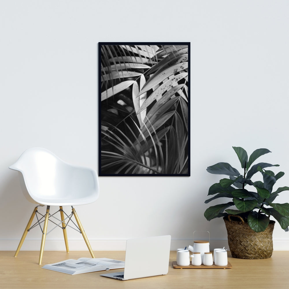 Monochrome Tropical Leaves Canvas | White Floral Bedroom Decor