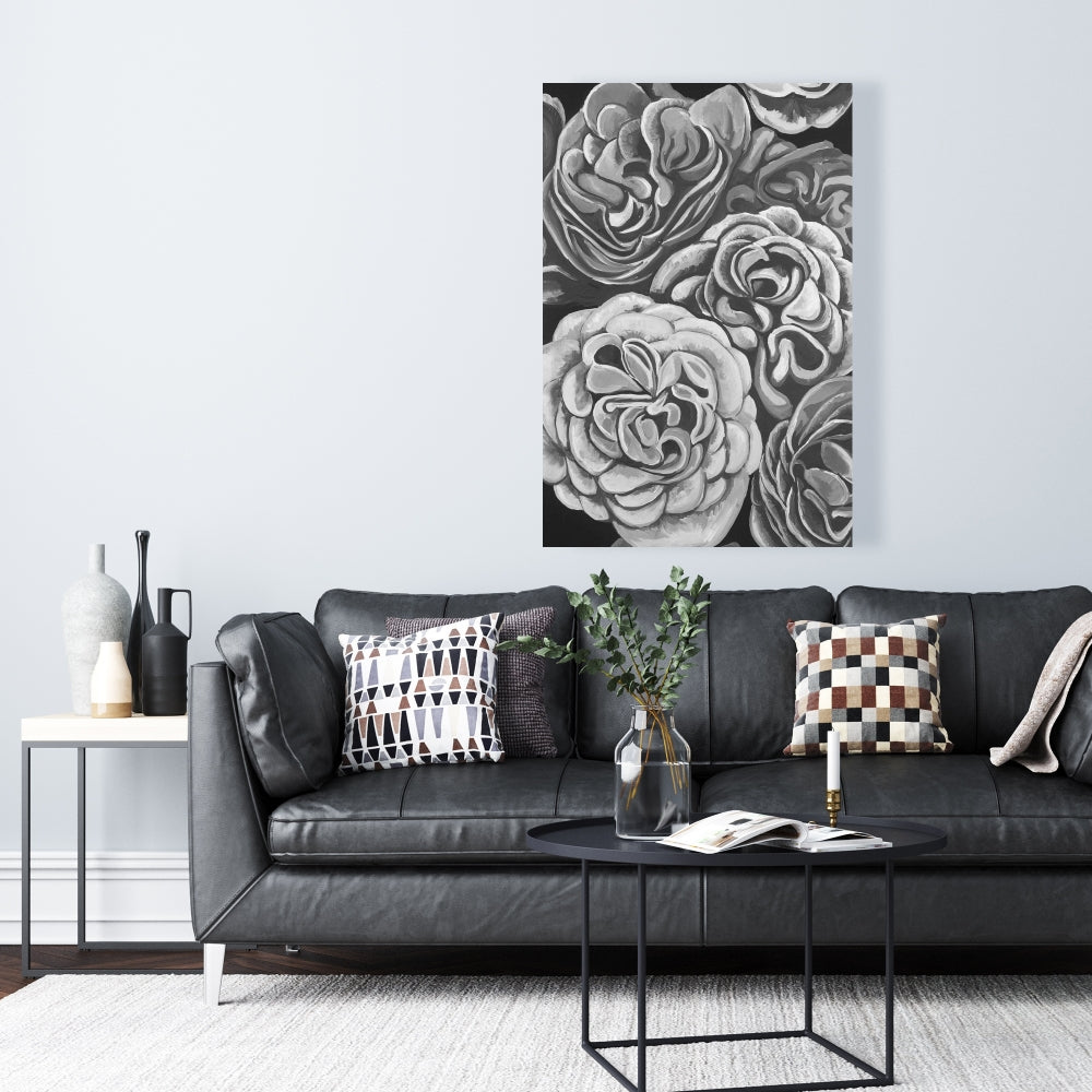 Toile botanique Dahlias en nuances de gris | Décoration murale blanche pour chambre