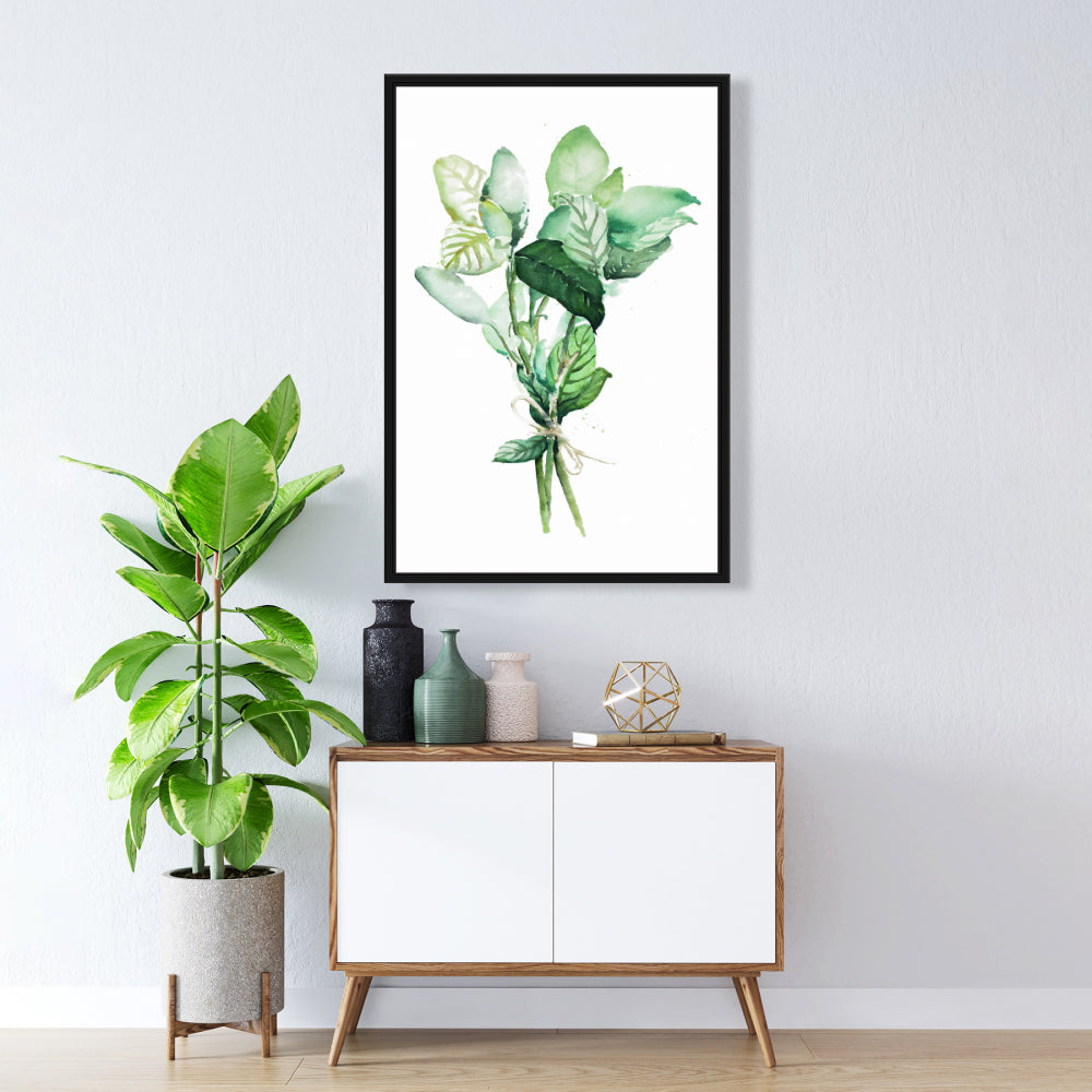 Bouquet de feuilles de basilic attachées | Toile encadrée à feuilles blanches