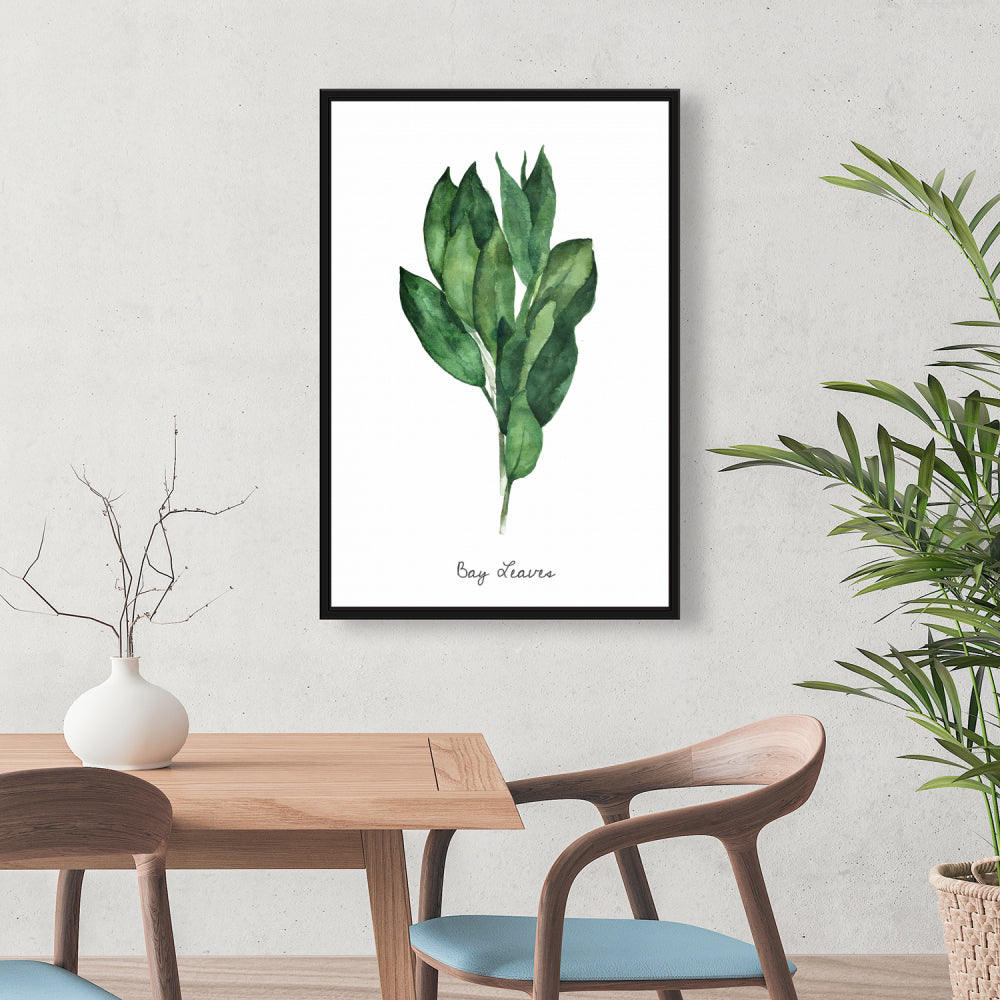 Toile encadrée « Feuilles de laurier » | Décoration de cuisine blanche